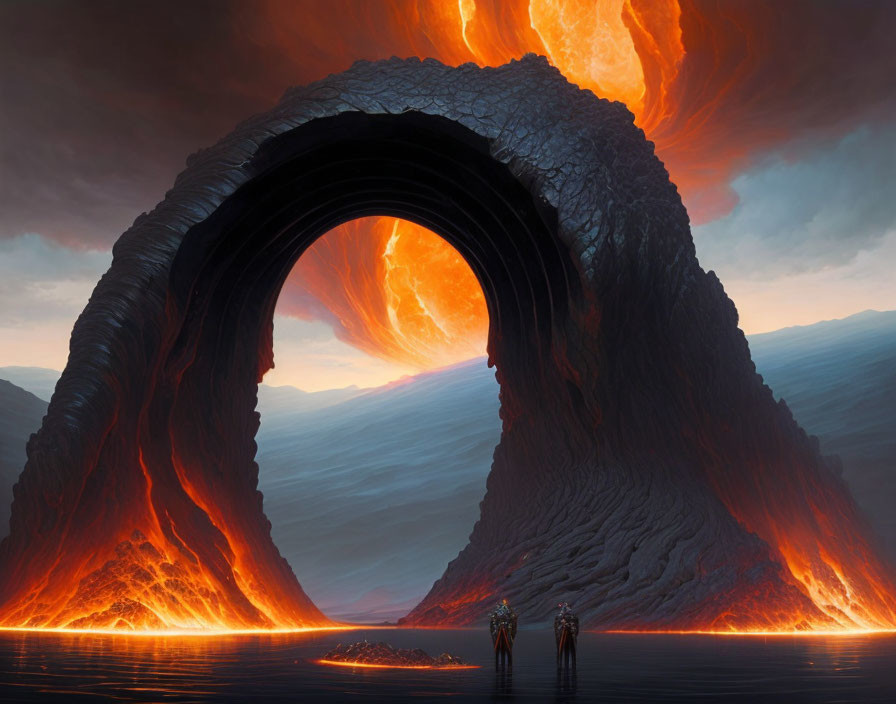 Figures standing before glowing lava arch on volcanic landscape