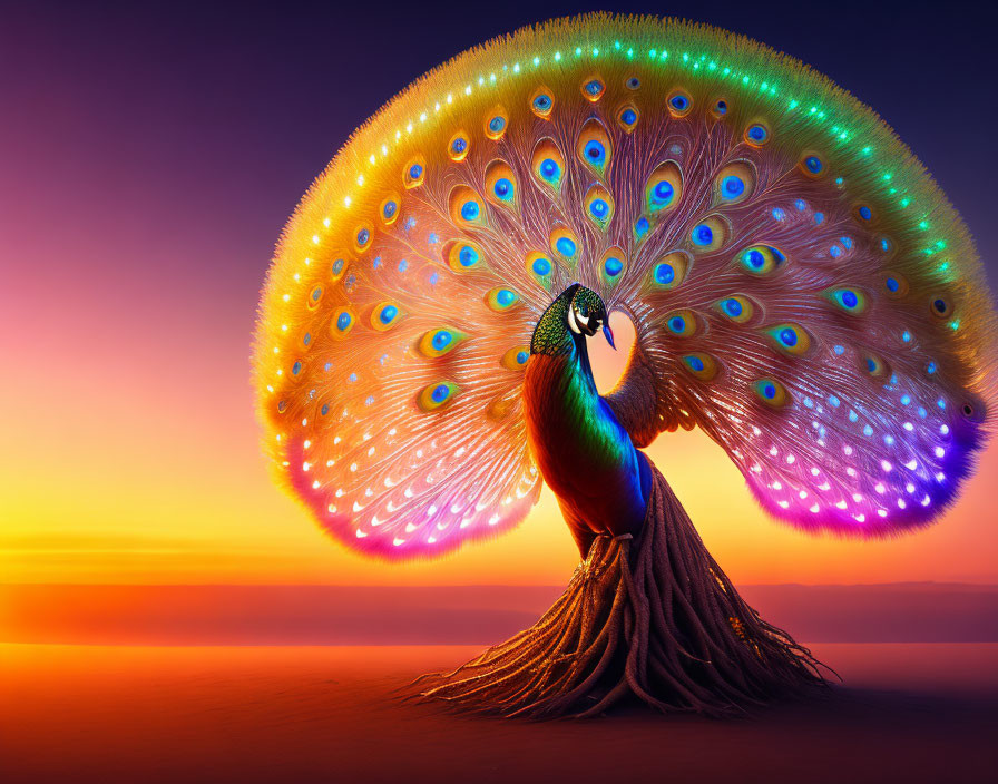 Colorful peacock feathers against sunset sky