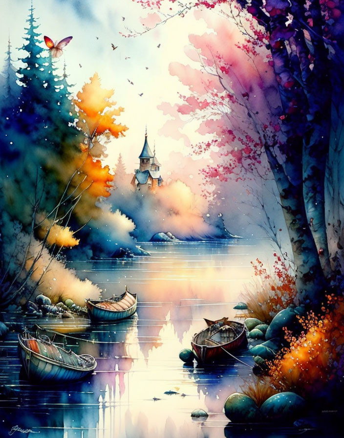 Serene watercolor painting: boats, castle, autumn trees, butterfly