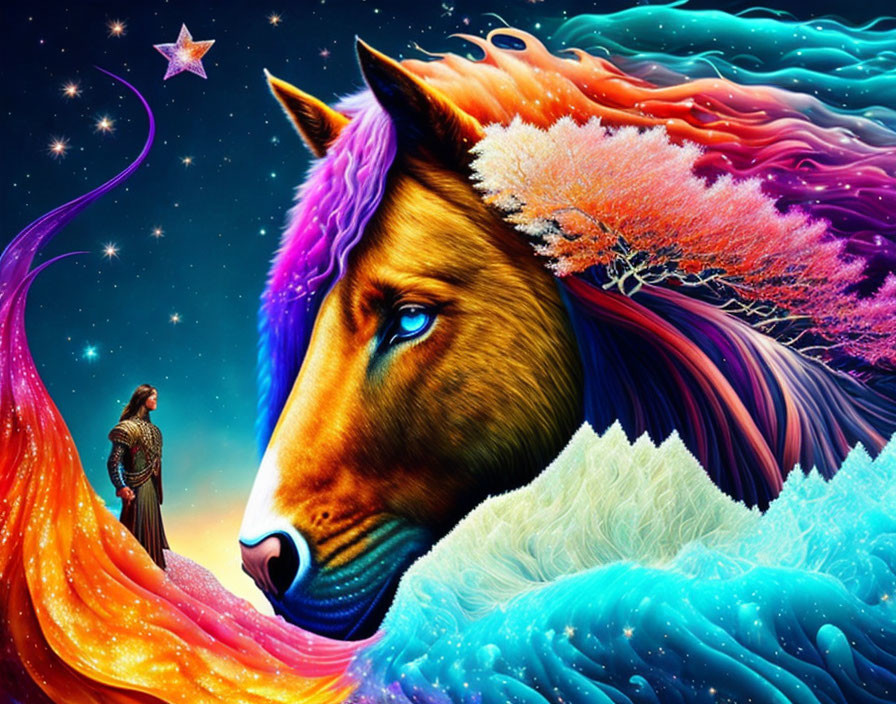 Colorful digital artwork: Majestic horse with cosmic background