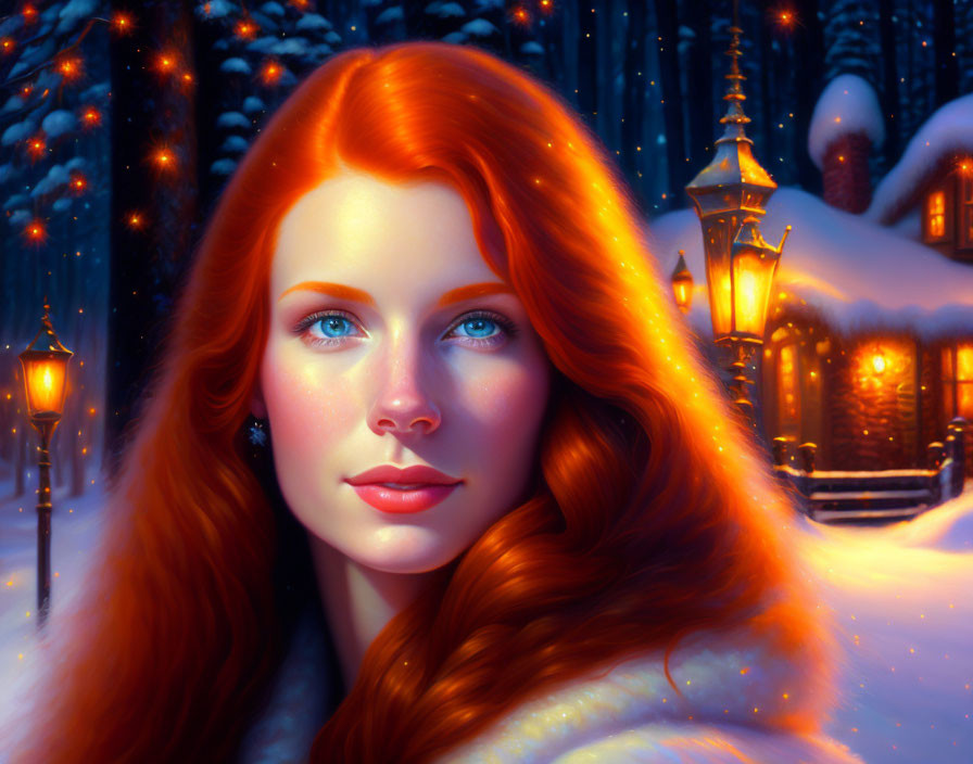 Digital artwork: Woman with red hair & blue eyes in winter scene with lanterns & snow-covered houses