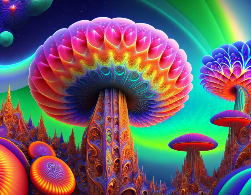 Colorful Psychedelic Landscape with Mushroom Structures & Aurora Sky