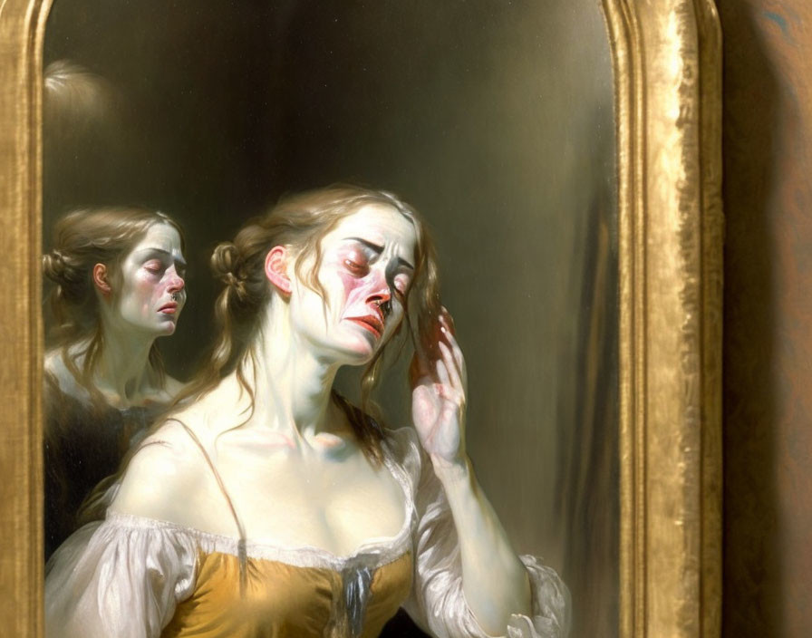 Historical woman in distress gazes at mirror.