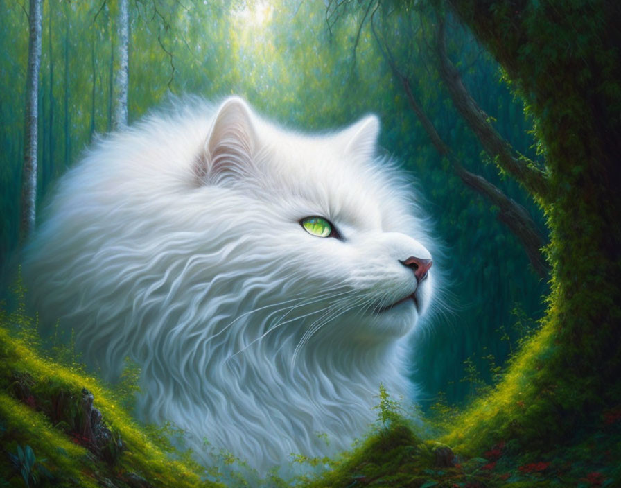 Majestic white cat with lush fur and green eyes in vivid forest setting