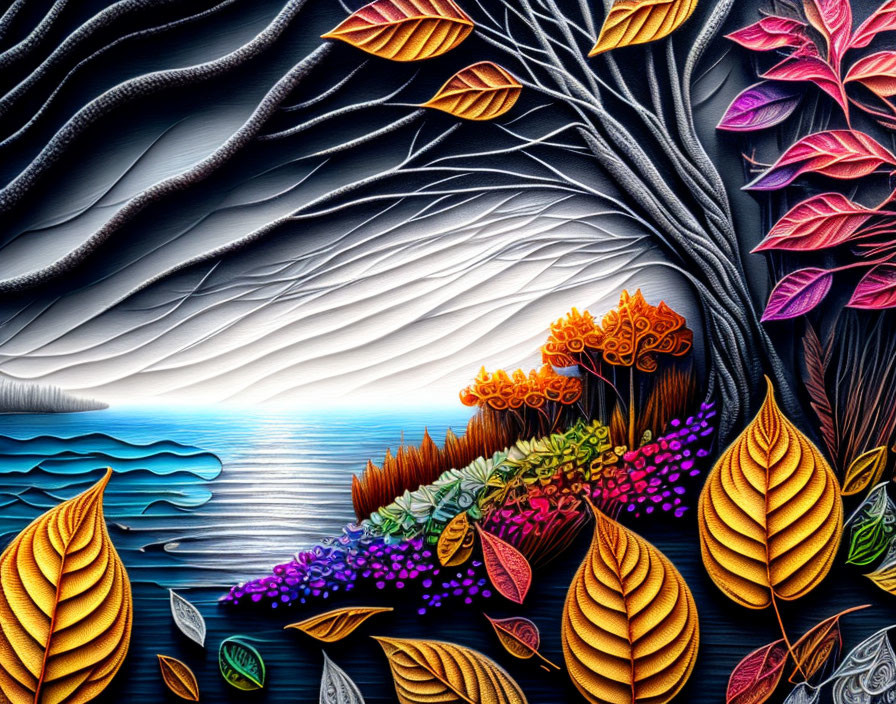 Colorful Digital Art: Vibrant Landscape with Textured Trees & Water