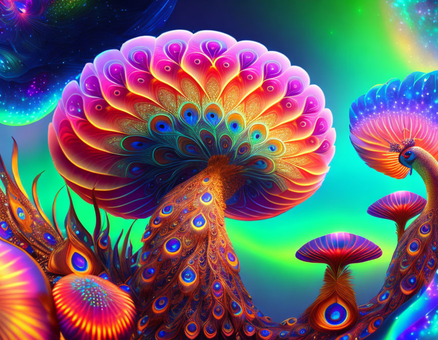 Colorful Psychedelic Plant Forms with Neon Patterns on Cosmic Background