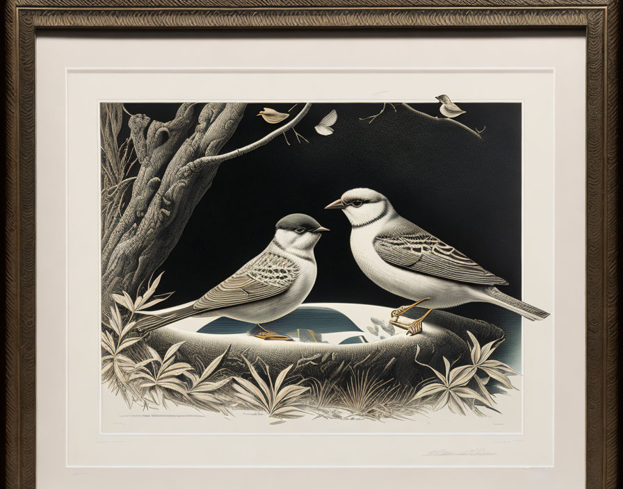 Monochromatic artwork featuring birds on branches and foliage