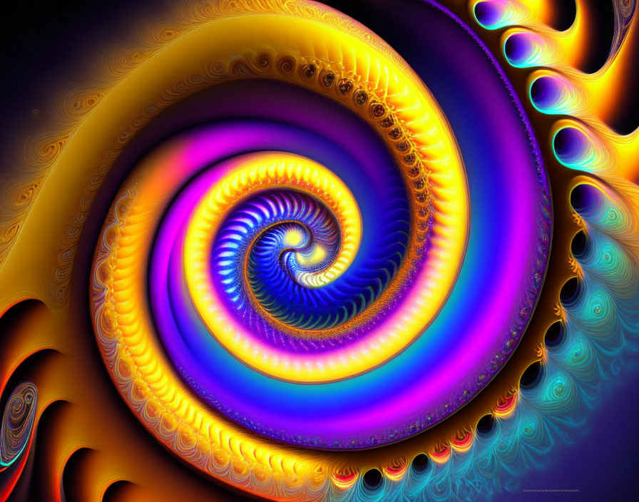 Colorful Spiral Fractal Art: Blue, Purple, Gold on Dark Background