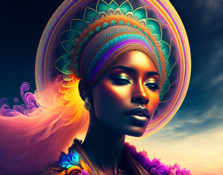 Colorful Woman Portrait with Elaborate Headdress on Twilight Sky Background