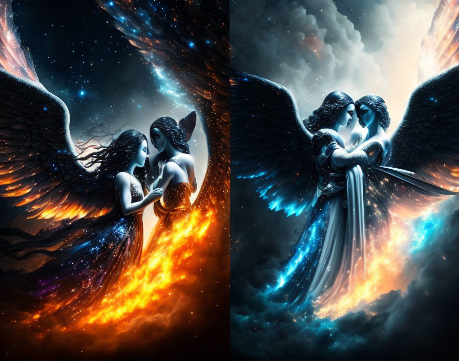 Fantastical artwork: Two angels embrace in cosmic setting