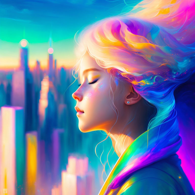 Colorful Hair Woman in Fantasy City Sunset Glow