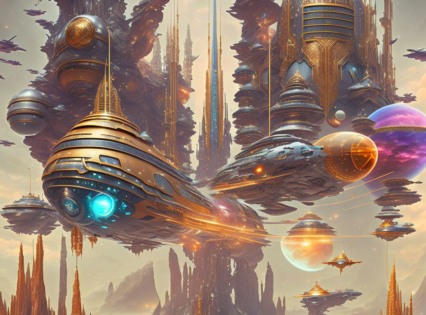 Futuristic sci-fi scene with massive spaceships and alien structures