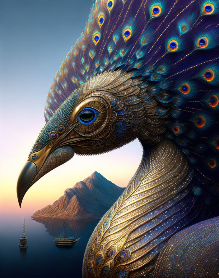 Detailed Peacock Head Illustration with Feather Patterns on Seascape Backdrop