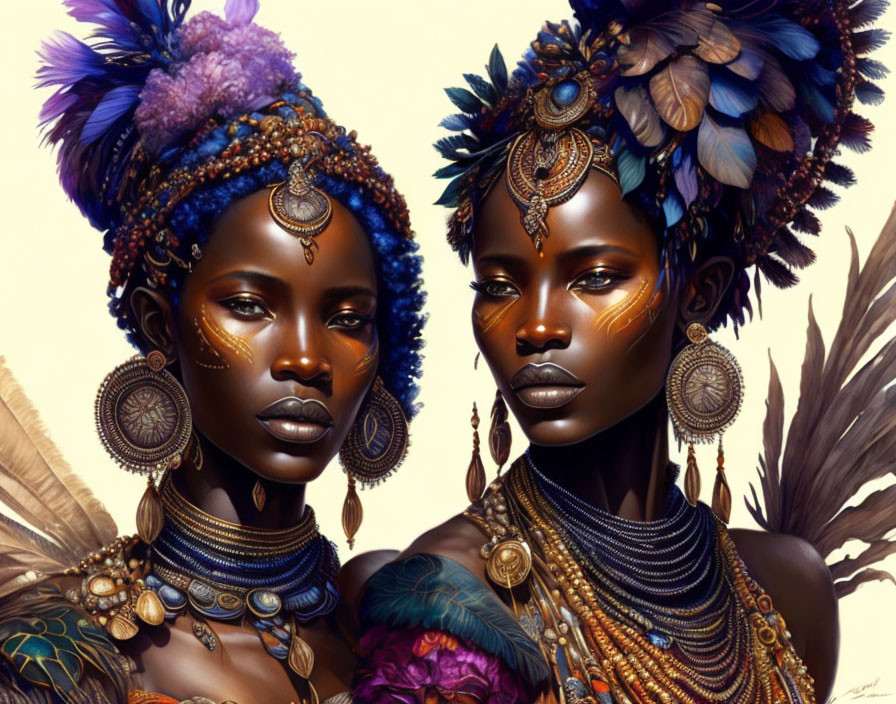 Illustrated women in ornate jewelry and regal headpieces with warm, earthy colors