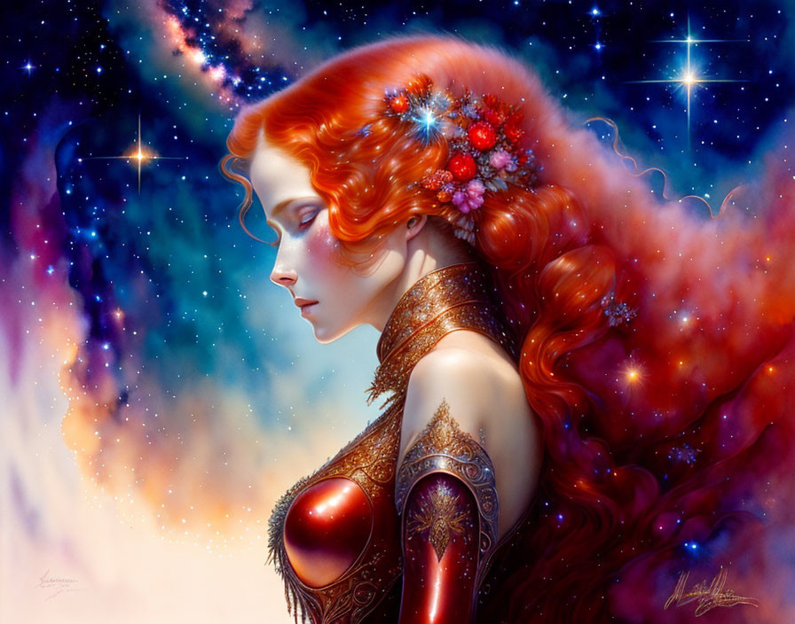 Digital artwork: Woman with red hair, floral adornments, cosmic background, detailed armor attire