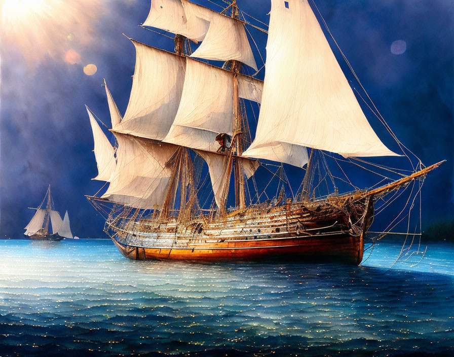 Tall ship with unfurled sails on gleaming waters