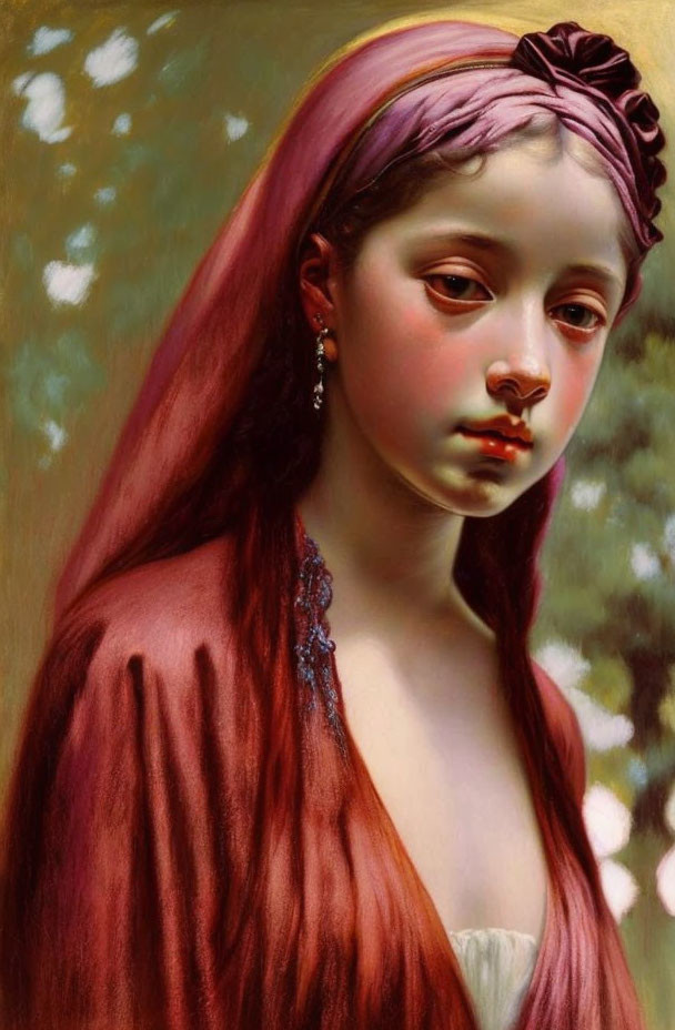 Portrait of a girl with pink headband and red garment in somber mood