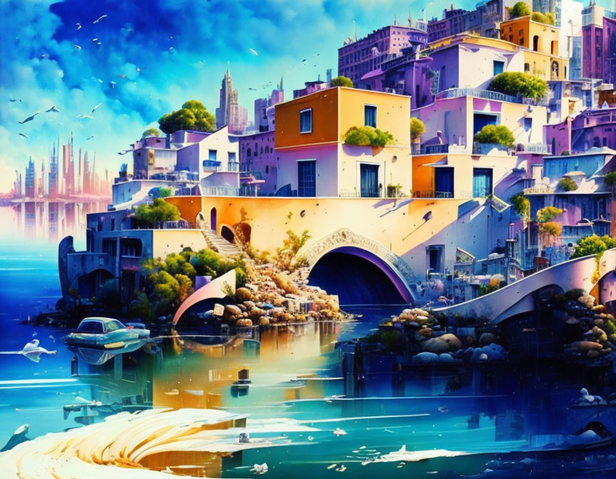 Colorful waterfront cityscape with whimsical architecture, boats, bridge, and blue sky.