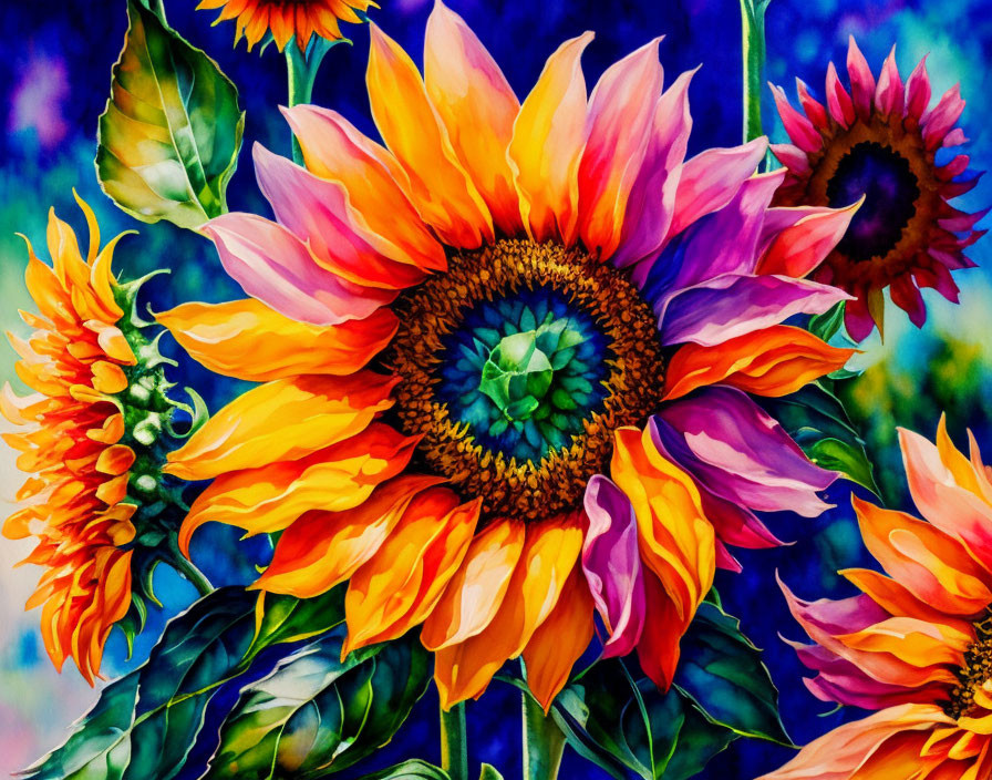 Colorful sunflower painting on blue background