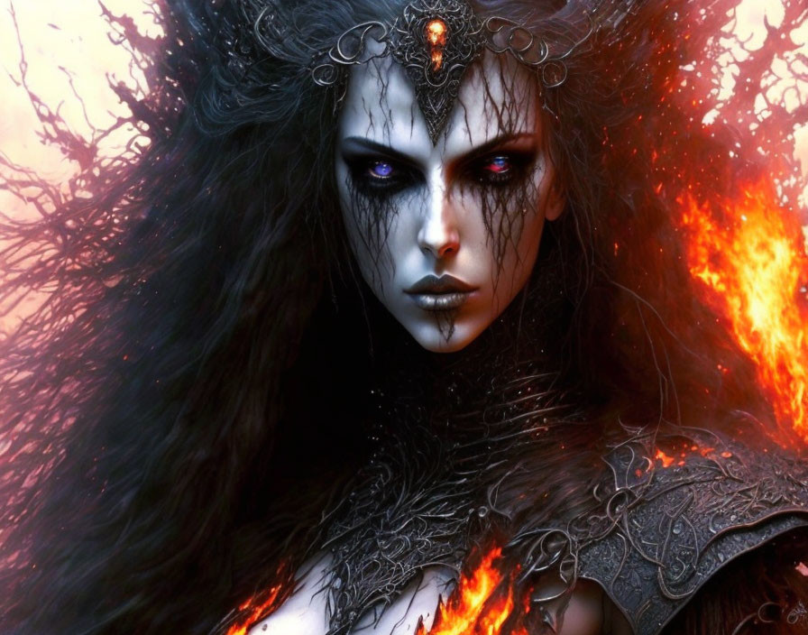 Fantasy illustration of fierce woman with dark hair and purple eyes