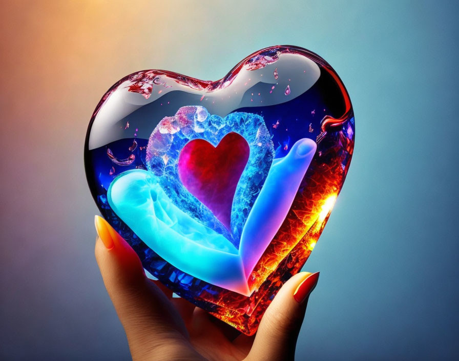 Digital Art: Hand Holding Ice-Fire Heart with Smaller Hearts