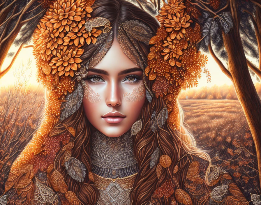 Intricate golden headdress on woman in autumnal landscape