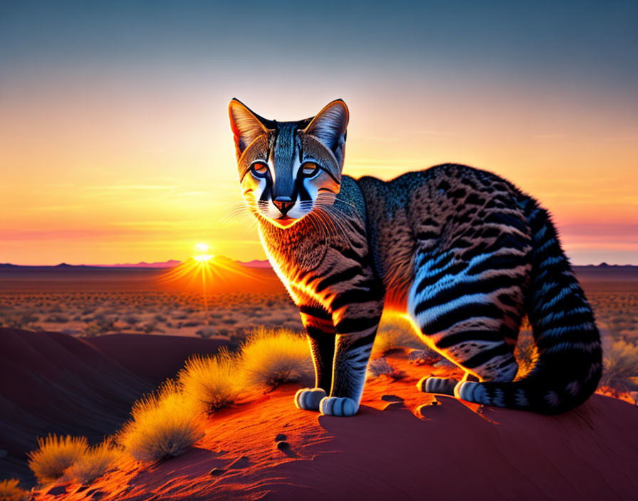 Colorful Cat on Desert Sand Dune at Sunset