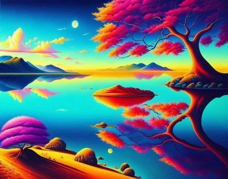 Colorful Fantasy Landscape with Pink Foliage and Two Moons