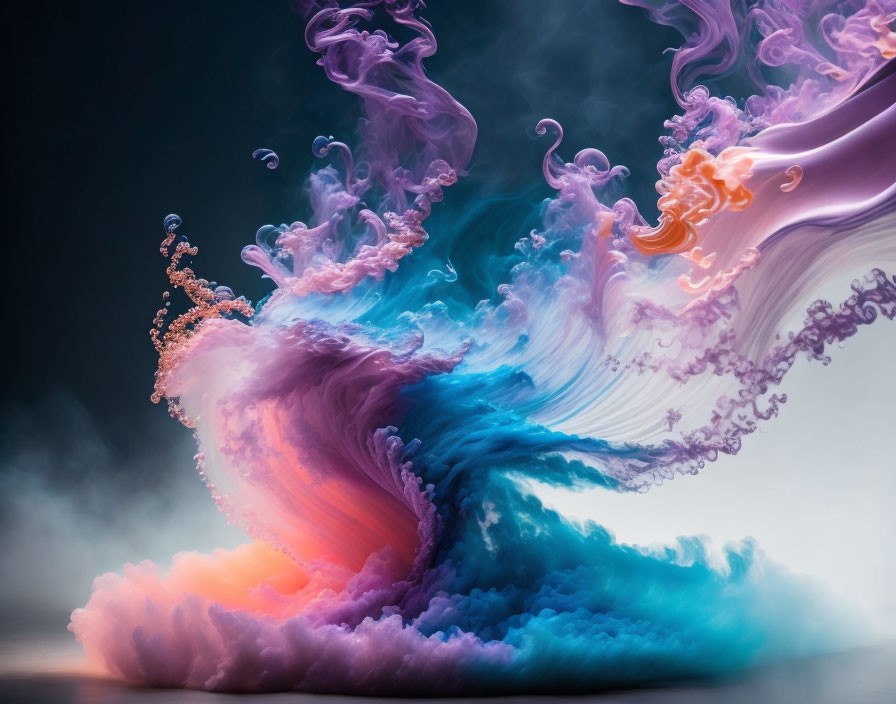 Vibrant blue, purple, and pink ink swirls in water on dark background