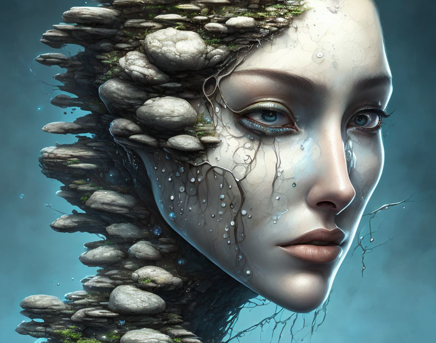 Fantasy portrait: Woman with stone and branch elements, water droplets