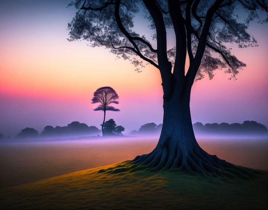 Tranquil twilight landscape with large and small trees in misty field