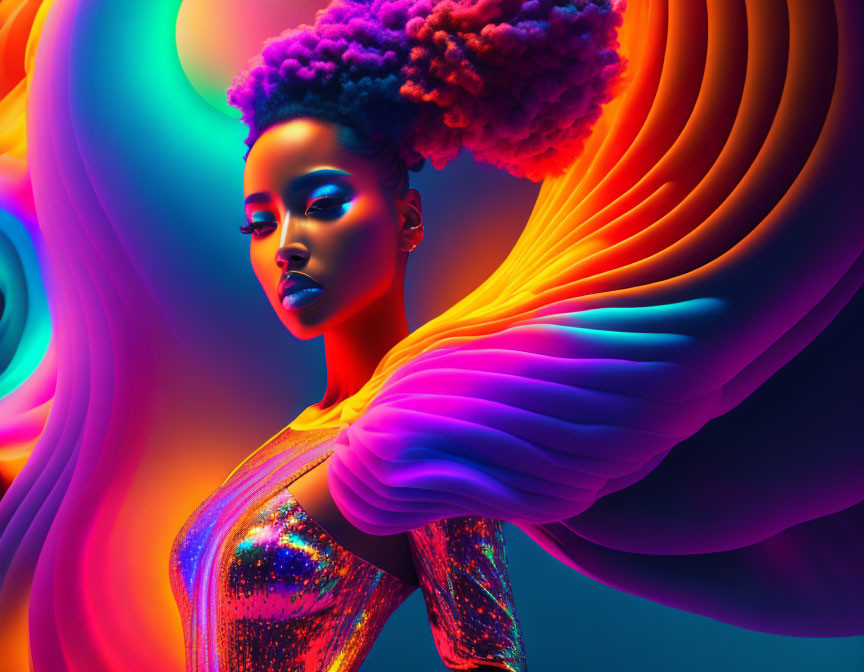 Colorful portrait of a woman in sequin dress with vibrant makeup and neon light swirls