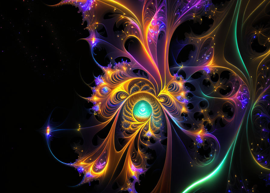 Colorful Neon Fractal Art: Orange, Blue, and Green Patterns on Black Background