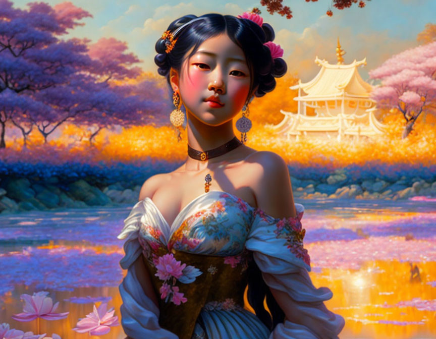 Illustrated woman in fusion dress with fantasy landscape and temple.