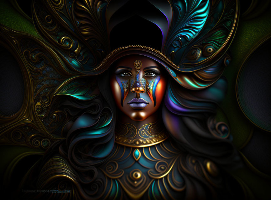 Surreal portrait featuring ornate metallic patterns and vibrant makeup