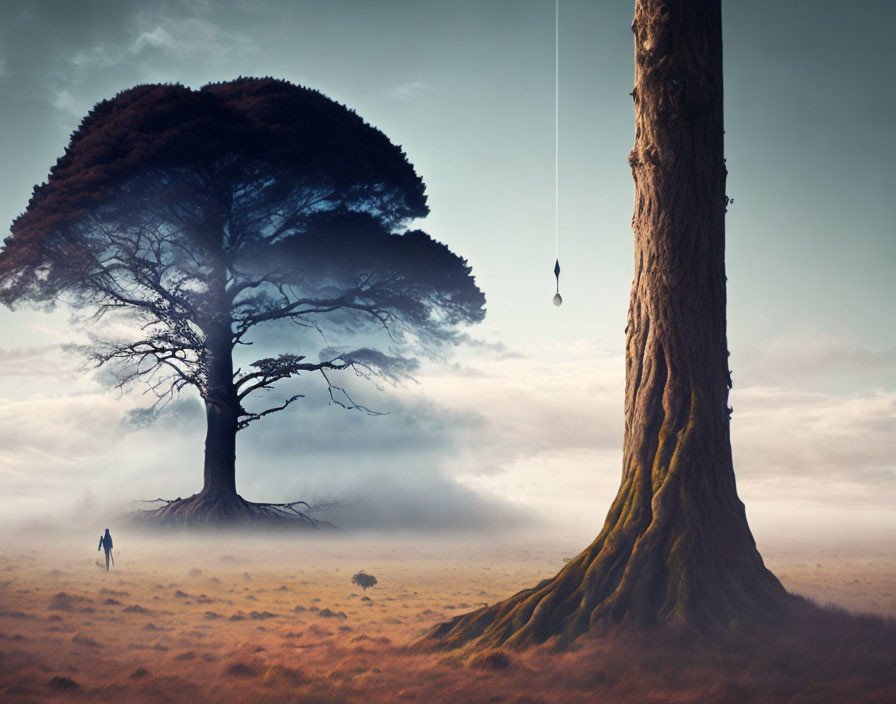 Person walking towards large solitary tree in misty field, swing hanging from nearby tree.