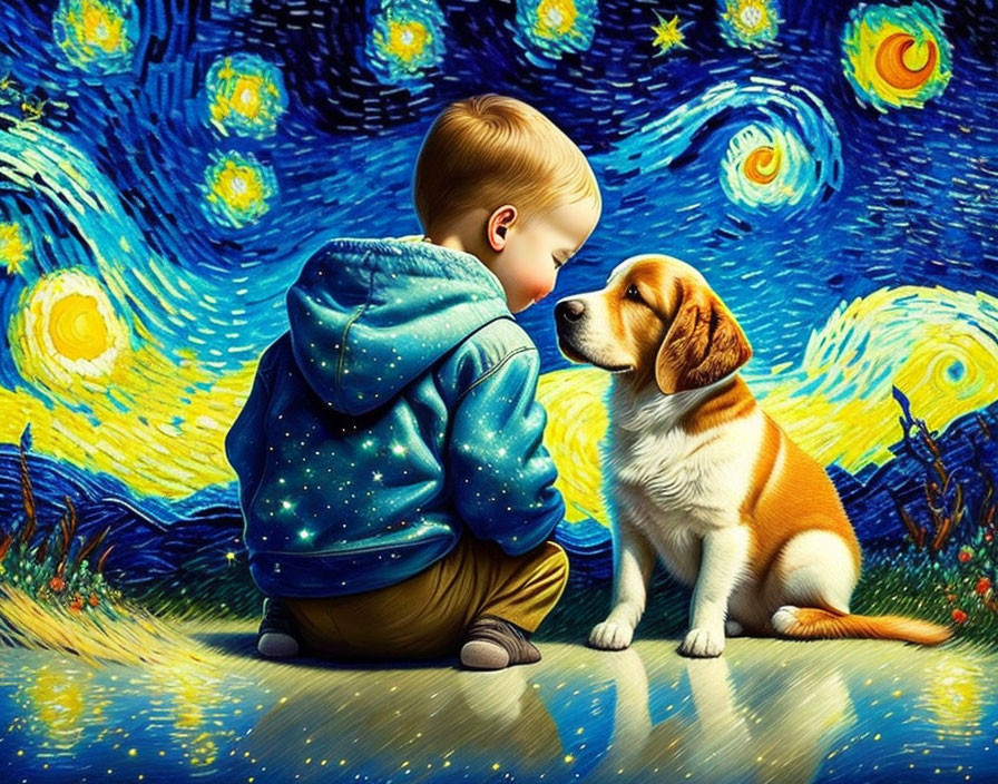 Child and beagle in starry hoodie against Van Gogh-inspired backdrop