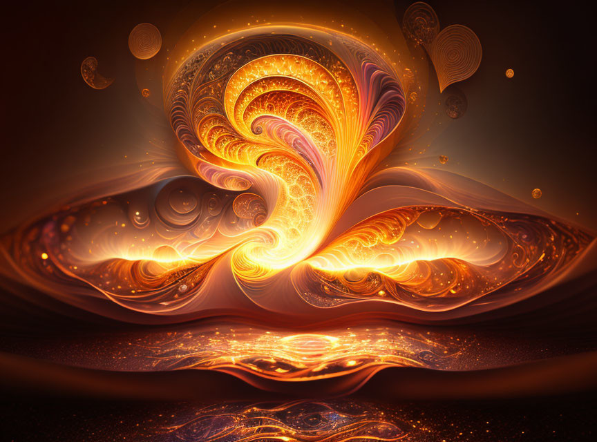 Fractal art image in warm tones with fiery phoenix-like patterns.