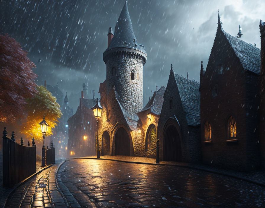 Cobblestone street with warm streetlights on a rainy night