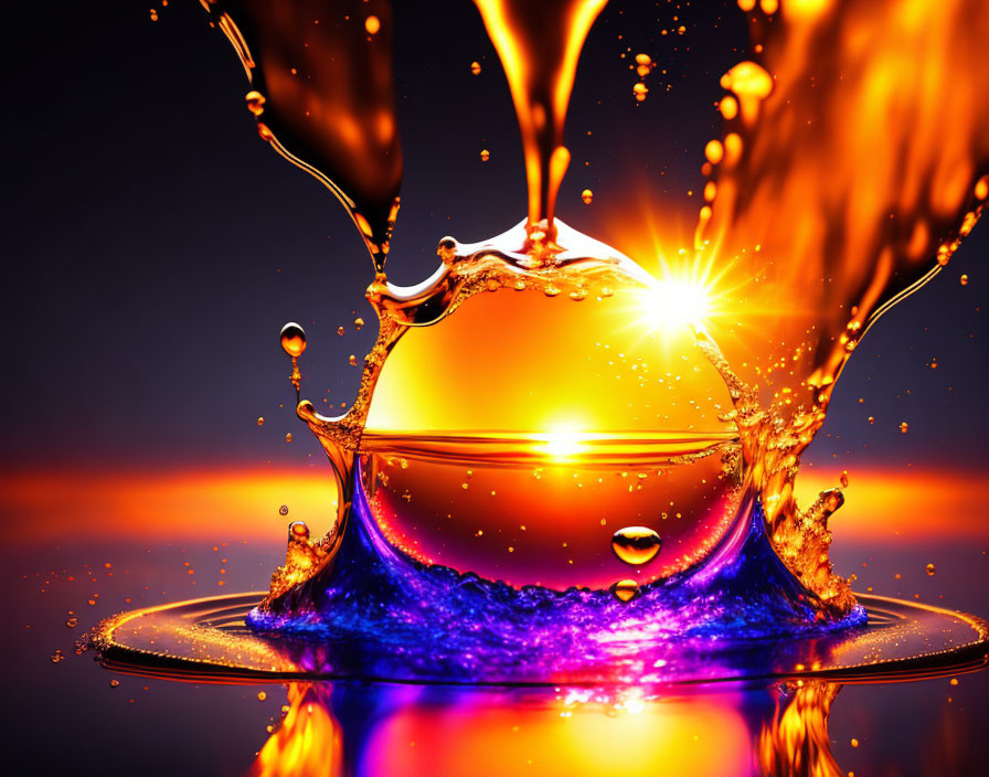 Fiery orange liquid splash on warm sunset background