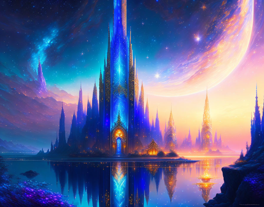 Fantastical digital art of glowing blue crystal castle at night