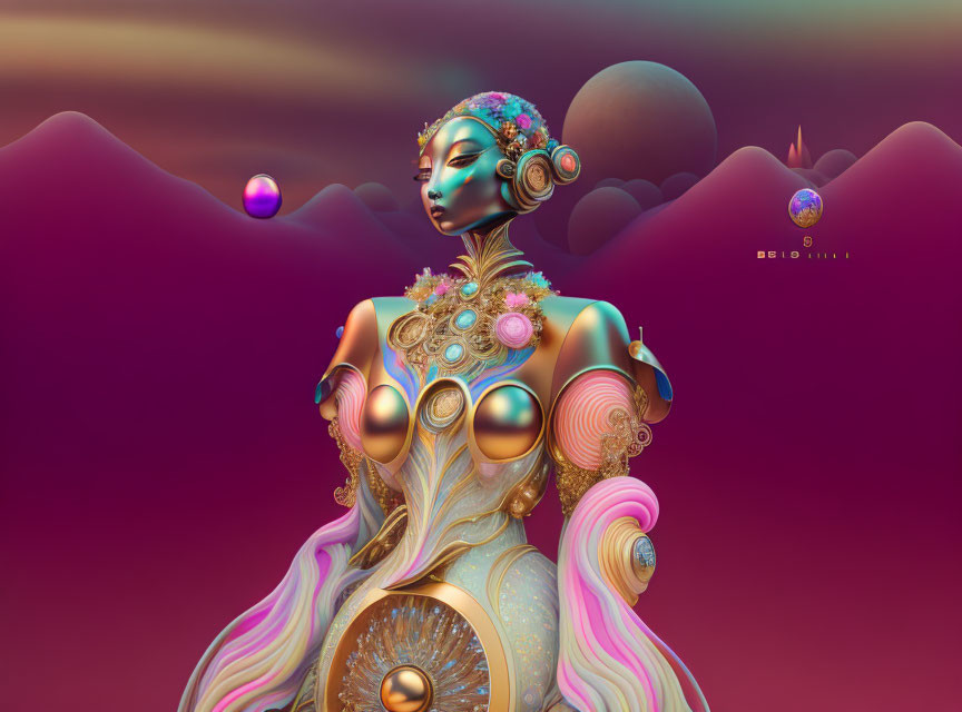 Stylized female figure with robotic features in surreal digital landscape