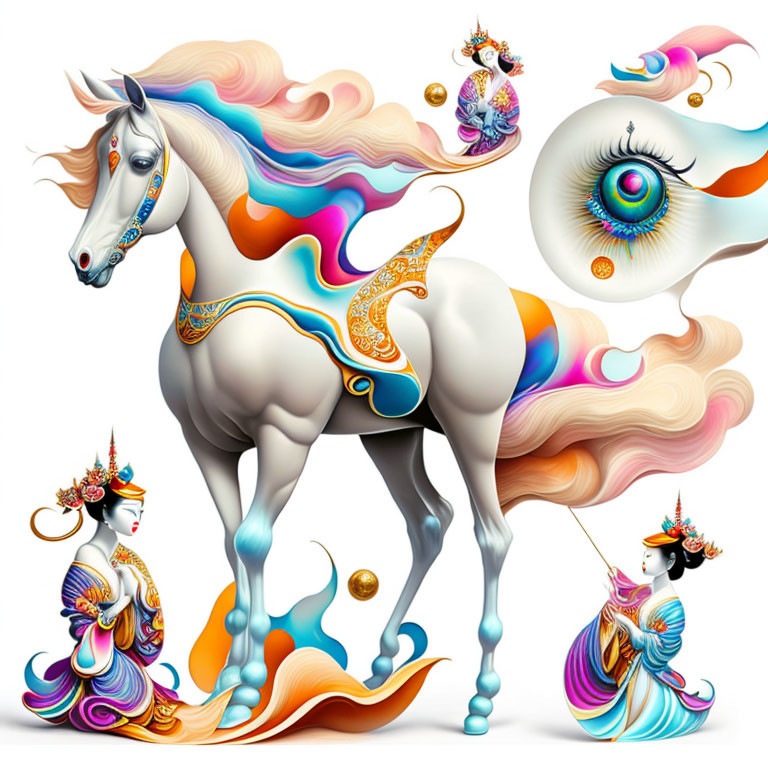 Illustration of white horse with colorful mane, golden adornments, and ethereal figures in ornate