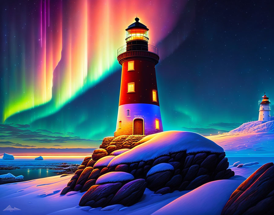 Lighthouse in Northern Lights with Snowy Coastline