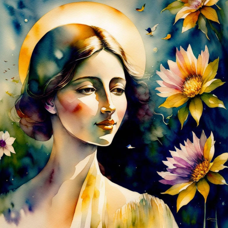 Woman with Halo Surrounded by Flowers and Butterflies in Watercolor