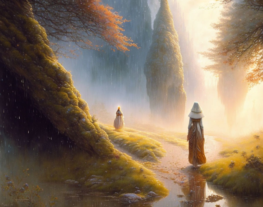 Mystical forest scene with two figures in cloaks walking in warm light