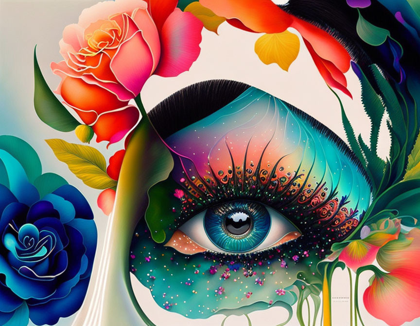 Vibrant surreal artwork with large eye, flowers, and cosmic patterns