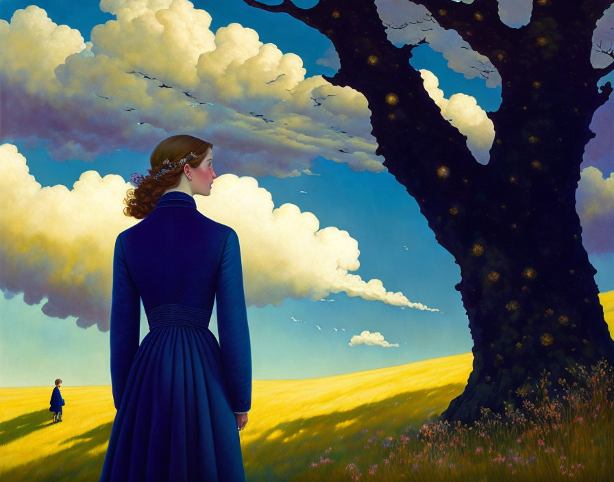 Woman in blue dress admiring sunlit field and tree under blue sky