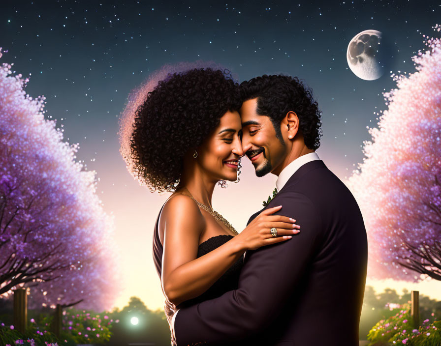 Romantic couple embracing under starry sky with crescent moon and blooming purple trees.