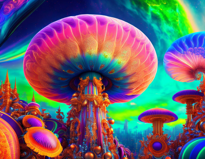 Colorful, surreal mushroom structures in cosmic setting